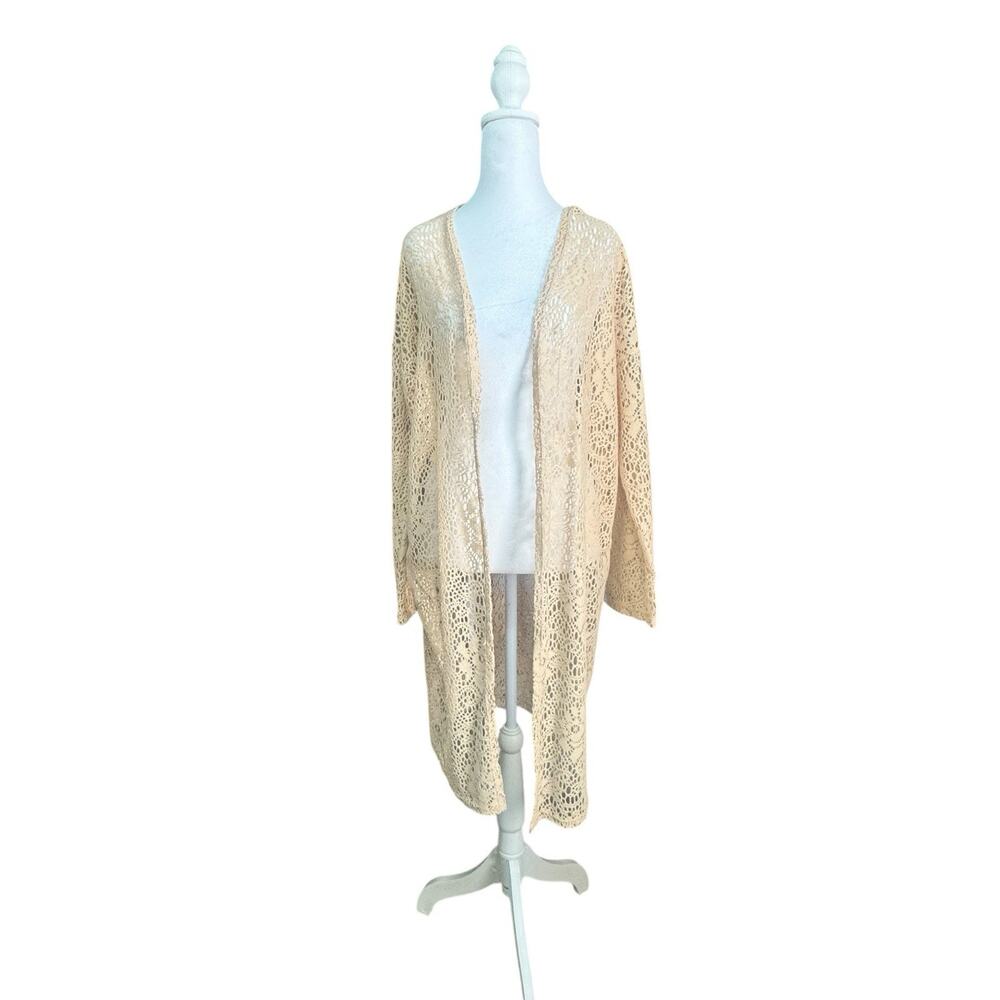 Boho Crochet Lace Natural Beige Longline Cardigan Sz Large Vintage Cottagecore